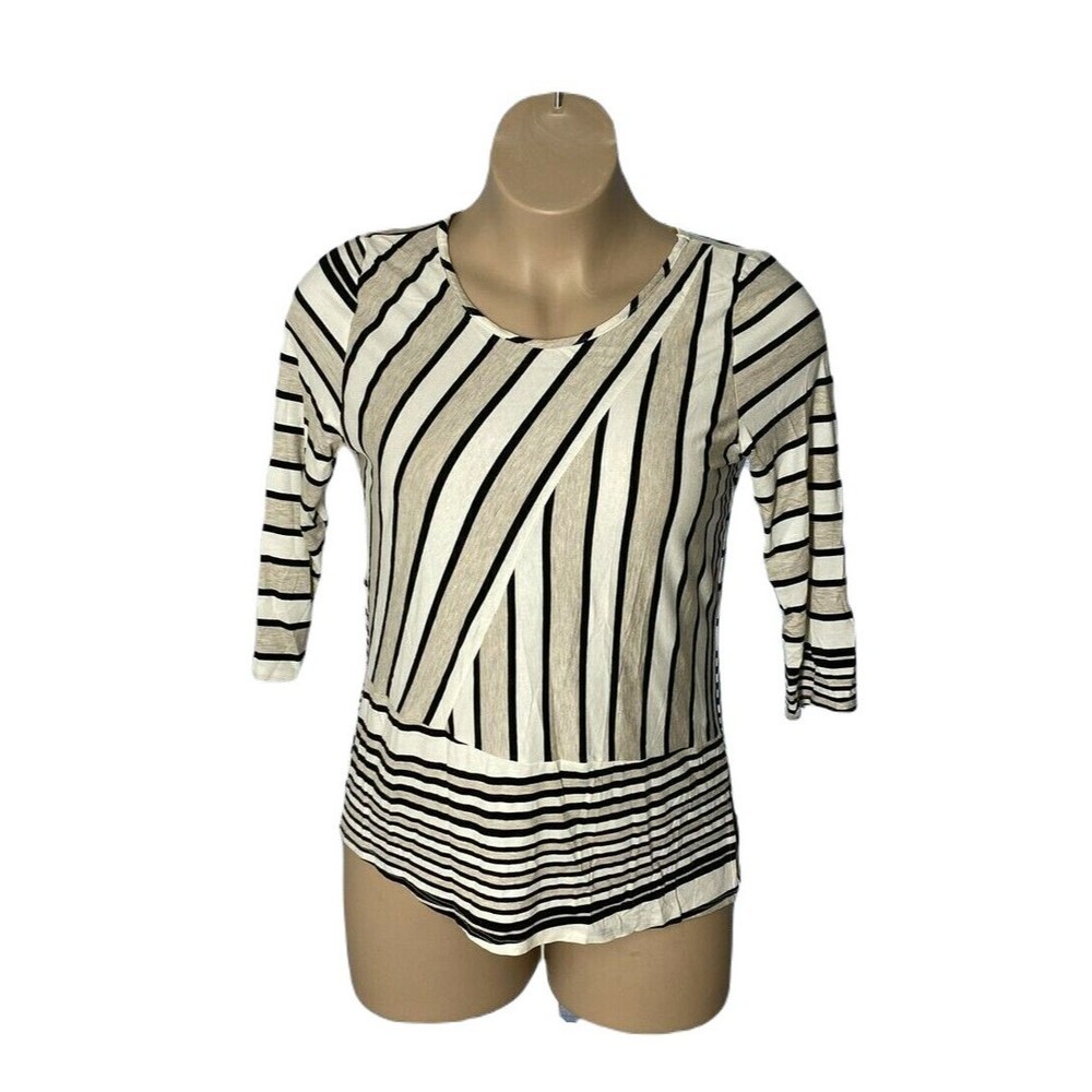 Jennie & Marlis Women's Shirt Blouse ~ Sz L ~ Striped ~ Beige ~ 3/4 Sleeve
